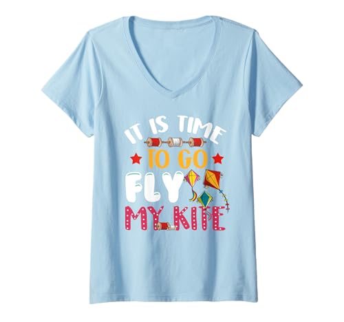 Damen Time to Go Fly My Kite Skurrile Drachen Flying Season Vibe T-Shirt mit V-Ausschnitt von Family Flight Kites Outdoor Fun by NLTS