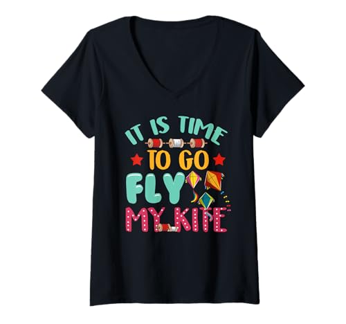 Damen Time to Go Fly My Kite Skurrile Drachen Flying Season Vibe T-Shirt mit V-Ausschnitt von Family Flight Kites Outdoor Fun by NLTS