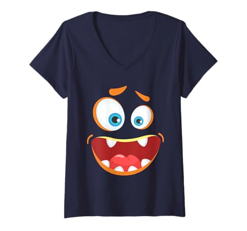 Damen Monster Face Halloween Passendes Kostüm Zombie Herren Jungen Kind T-Shirt mit V-Ausschnitt von Family Halloween Group Ideas Boys Girls Men Women