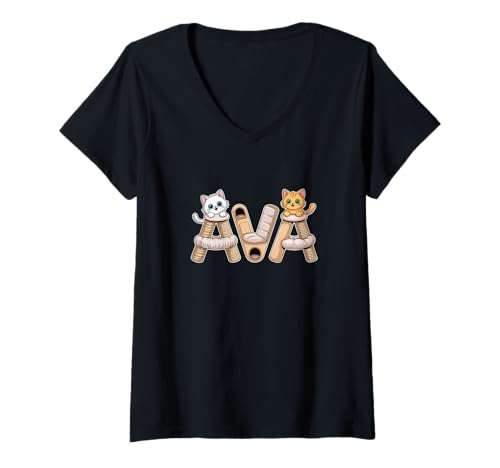 Damen AVA Katzenbäume – personalisierbar, niedlicher Name Wortkunst T-Shirt mit V-Ausschnitt von Family Heritage Gifts