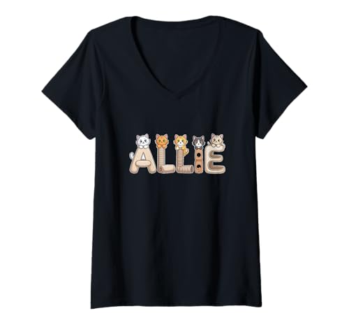 Damen Allie Katzenbäume – personalisierbar, niedlicher Name Wortkunst T-Shirt mit V-Ausschnitt von Family Heritage Gifts