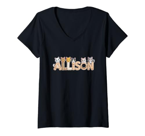 Damen Allison Katzenbäume – personalisierbar, niedlicher Name Wortkunst T-Shirt mit V-Ausschnitt von Family Heritage Gifts