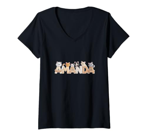 Damen Amanda Katzenbäume – personalisierbar, niedlicher Name Wortkunst T-Shirt mit V-Ausschnitt von Family Heritage Gifts