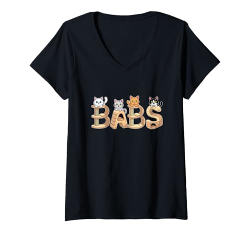 Damen Babs Katzenbäume – personalisierbar, niedlicher Name Wortkunst T-Shirt mit V-Ausschnitt von Family Heritage Gifts