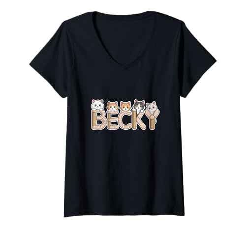 Damen Becky Katzenbäume, personalisierbar, niedlicher Name T-Shirt mit V-Ausschnitt von Family Heritage Gifts