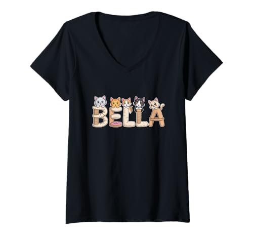 Damen Bella Katzenbäume, personalisierbar, niedlicher Name T-Shirt mit V-Ausschnitt von Family Heritage Gifts