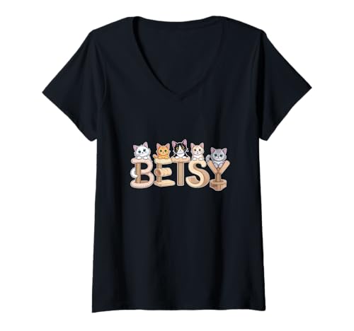Damen Betsy Katzenbäume – personalisierbar, niedlicher Name Wortkunst T-Shirt mit V-Ausschnitt von Family Heritage Gifts