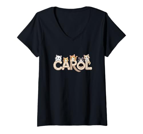 Damen Carol Katzenbäume, personalisierbar, niedlicher Name T-Shirt mit V-Ausschnitt von Family Heritage Gifts