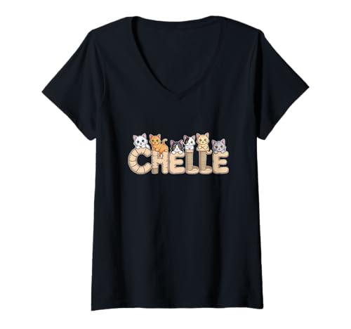 Damen Chelle Katzenbäume – Personalisierte süße Namens-Wortkunst T-Shirt mit V-Ausschnitt von Family Heritage Gifts