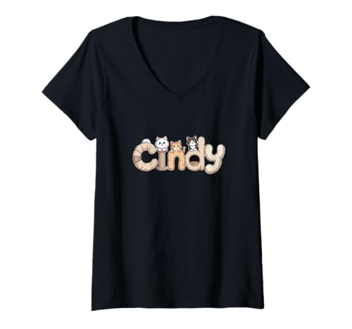 Damen Cindy Katzenbäume – personalisierbar, niedlicher Name Wortkunst T-Shirt mit V-Ausschnitt von Family Heritage Gifts