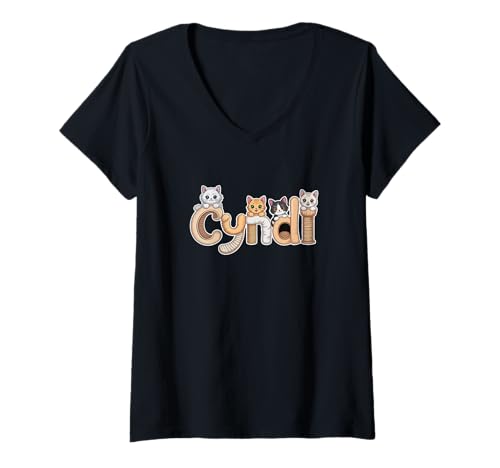 Damen Cyndi Kratzbäume – personalisierbar, niedlicher Name Wortkunst T-Shirt mit V-Ausschnitt von Family Heritage Gifts
