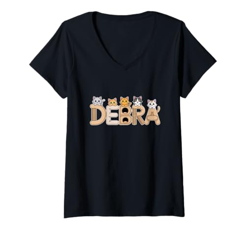Damen Debra Katzenbäume, personalisierbar, niedlicher Name T-Shirt mit V-Ausschnitt von Family Heritage Gifts