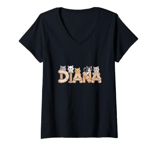 Damen Diana Katzenbäume – personalisierbar, niedlicher Name Wortkunst T-Shirt mit V-Ausschnitt von Family Heritage Gifts