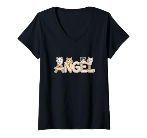 Damen Engel-Katzenbäume, personalisierbar, niedlicher Name T-Shirt mit V-Ausschnitt von Family Heritage Gifts