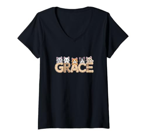 Damen Grace Katzenbäume – personalisierbar, niedlicher Name Wortkunst T-Shirt mit V-Ausschnitt von Family Heritage Gifts