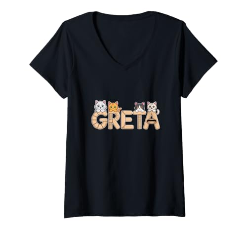 Damen Greta Katzenbäume – personalisierbar, niedlicher Name Wortkunst T-Shirt mit V-Ausschnitt von Family Heritage Gifts
