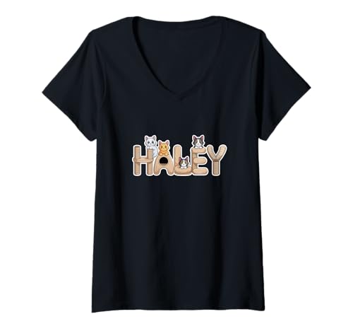 Damen Haley Katzenbäume – personalisierbar, niedlicher Name Wortkunst T-Shirt mit V-Ausschnitt von Family Heritage Gifts