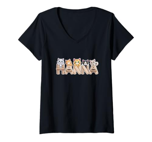 Damen Hanna Cat Trees – Personalisierte süße Namens-Wortkunst T-Shirt mit V-Ausschnitt von Family Heritage Gifts