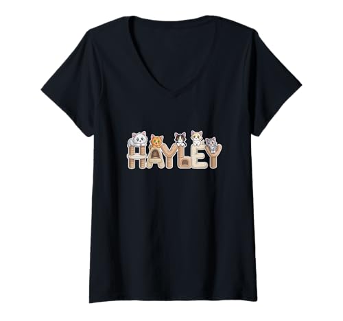 Damen Hayley Katzenbäume, personalisierbar, niedlicher Name T-Shirt mit V-Ausschnitt von Family Heritage Gifts