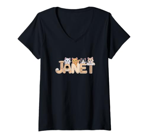 Damen Janet Katzenbäume, personalisierbar, niedlicher Name T-Shirt mit V-Ausschnitt von Family Heritage Gifts