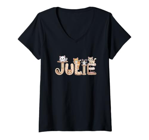 Damen Julie Katzenbäume – Personalisierte süße Namens-Wortkunst T-Shirt mit V-Ausschnitt von Family Heritage Gifts