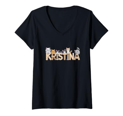 Damen Kristina Katzenbäume – personalisierbar, niedlicher Name Wortkunst T-Shirt mit V-Ausschnitt von Family Heritage Gifts