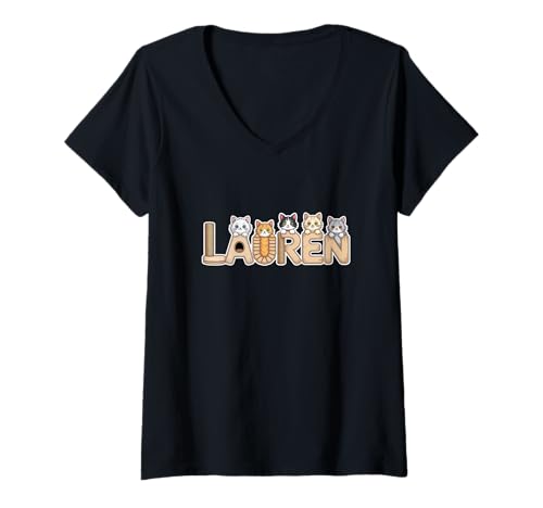 Damen Lauren Katzenbäume, personalisierbar, niedlicher Name T-Shirt mit V-Ausschnitt von Family Heritage Gifts
