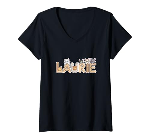 Damen Laurie Katzenbäume, personalisierbar, niedlicher Name T-Shirt mit V-Ausschnitt von Family Heritage Gifts