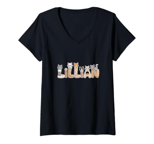 Damen Lillian Katzenbäume, personalisierbar, niedlicher Name T-Shirt mit V-Ausschnitt von Family Heritage Gifts