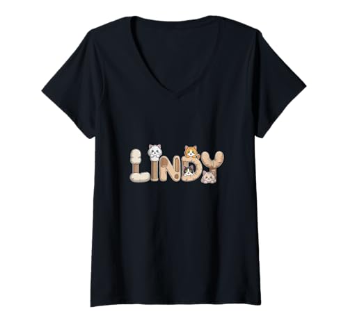 Damen Lindy Cat Trees – Personalisierte süße Namens-Wortkunst T-Shirt mit V-Ausschnitt von Family Heritage Gifts