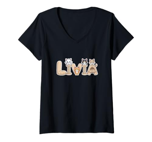 Damen Livia Katzenbäume – personalisierbar, niedlicher Name Wortkunst T-Shirt mit V-Ausschnitt von Family Heritage Gifts