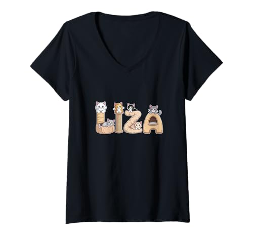 Damen Liza Katzenbäume – personalisierbar, niedlicher Name Wortkunst T-Shirt mit V-Ausschnitt von Family Heritage Gifts