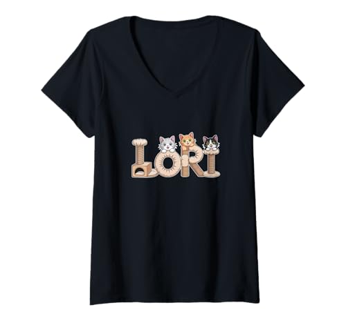 Damen Lori Katzenbäume – Personalisierte süße Namens-Wortkunst T-Shirt mit V-Ausschnitt von Family Heritage Gifts