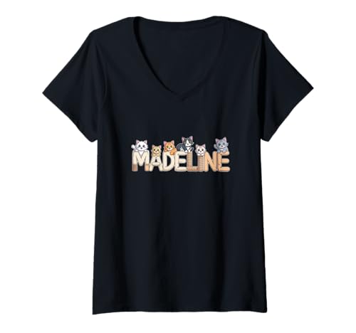 Damen Madeline Katzenbäume – Personalisierte süße Namens-Wortkunst T-Shirt mit V-Ausschnitt von Family Heritage Gifts