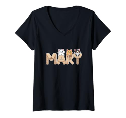 Damen Mary Cat Trees – Personalisierte süße Namens-Wortkunst T-Shirt mit V-Ausschnitt von Family Heritage Gifts