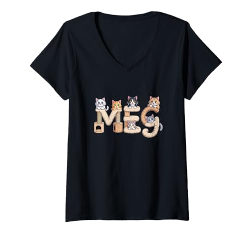 Damen Meg Katzenbäume, personalisierbar, niedlicher Name T-Shirt mit V-Ausschnitt von Family Heritage Gifts