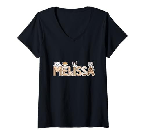 Damen Melissa Katzenbäume – personalisierbar, niedlicher Name Wortkunst T-Shirt mit V-Ausschnitt von Family Heritage Gifts