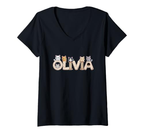 Damen Olivia Katzenbäume, personalisierbar, niedlicher Name T-Shirt mit V-Ausschnitt von Family Heritage Gifts