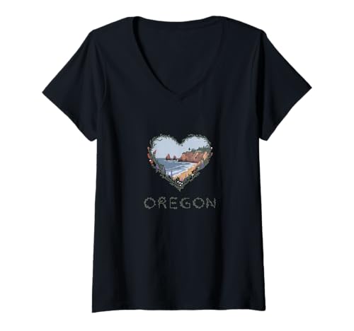 Damen Oregon Floral Heart - Souvenir für Liebhaber der Westküste T-Shirt mit V-Ausschnitt von Family Heritage Gifts