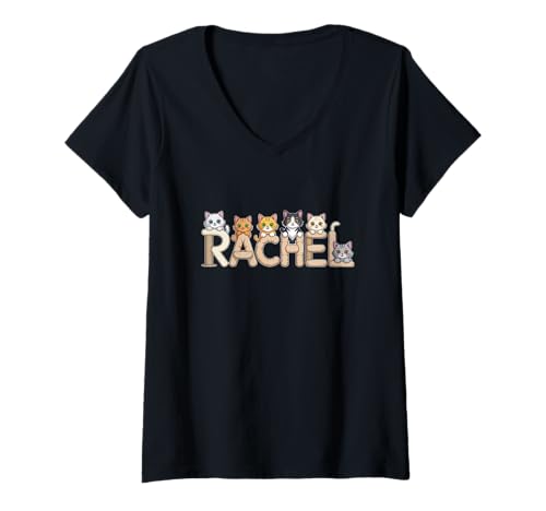 Damen Rachel Katzenbäume – Personalisierte süße Namens-Wortkunst T-Shirt mit V-Ausschnitt von Family Heritage Gifts
