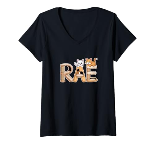 Damen Rae Katzenbäume – Personalisierte süße Namens-Wortkunst T-Shirt mit V-Ausschnitt von Family Heritage Gifts