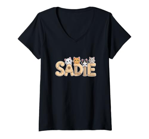 Damen Sadie Katzenbäume – personalisierbar, niedlicher Name Wortkunst T-Shirt mit V-Ausschnitt von Family Heritage Gifts