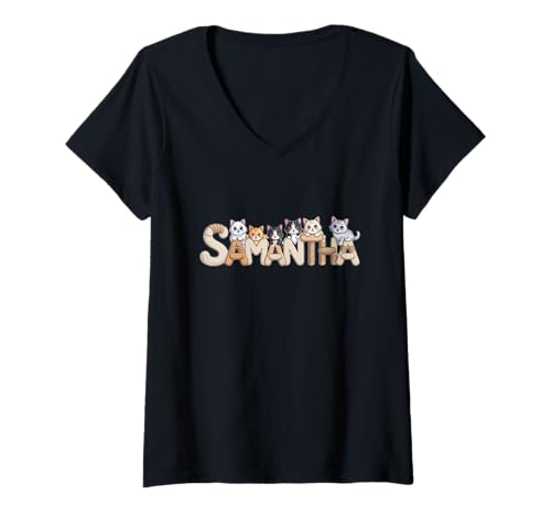 Damen Samantha Kratzbäume, personalisierbar, niedlicher Name T-Shirt mit V-Ausschnitt von Family Heritage Gifts