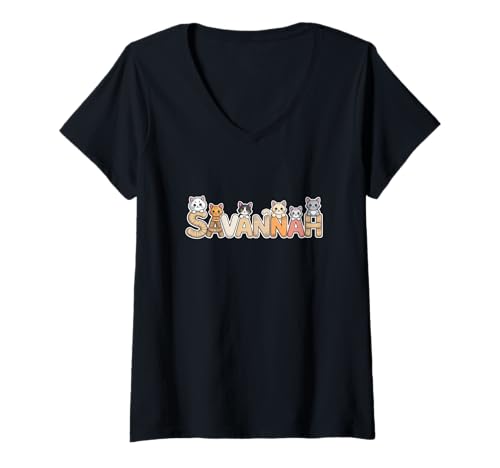 Damen Savannah Kratzbäume – Personalisierte niedliche Namens-Wortkunst T-Shirt mit V-Ausschnitt von Family Heritage Gifts