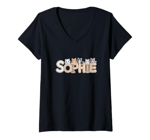 Damen Sophie Kratzbäume – personalisierbar, niedlicher Name Wortkunst T-Shirt mit V-Ausschnitt von Family Heritage Gifts