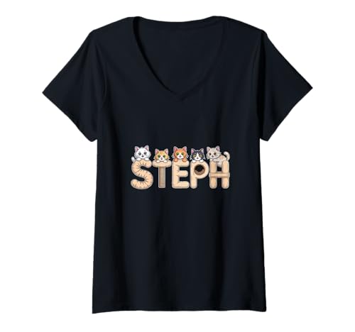Damen Steph Kratzbäume – Personalisierte süße Namens-Wortkunst T-Shirt mit V-Ausschnitt von Family Heritage Gifts