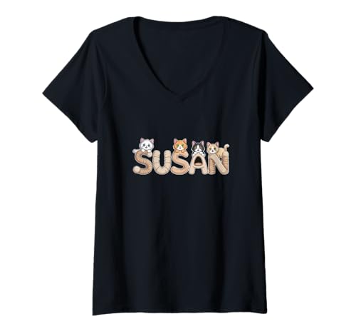 Damen Susan Katzenbäume – Personalisierte süße Namens-Wortkunst T-Shirt mit V-Ausschnitt von Family Heritage Gifts