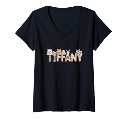 Damen Tiffany-Katzenbäume, personalisierbar, niedlicher Name T-Shirt mit V-Ausschnitt von Family Heritage Gifts