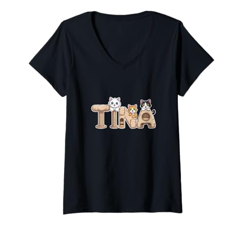 Damen Tina Katzenbäume, personalisierbar, niedlicher Name T-Shirt mit V-Ausschnitt von Family Heritage Gifts