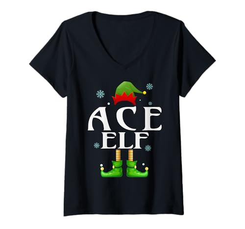 Damen ACE Elf Xmas Lustiges Familienpassendes Weihnachts-ACE für Herren T-Shirt mit V-Ausschnitt von Family Holiday Matching Christmas Elf Gifts.